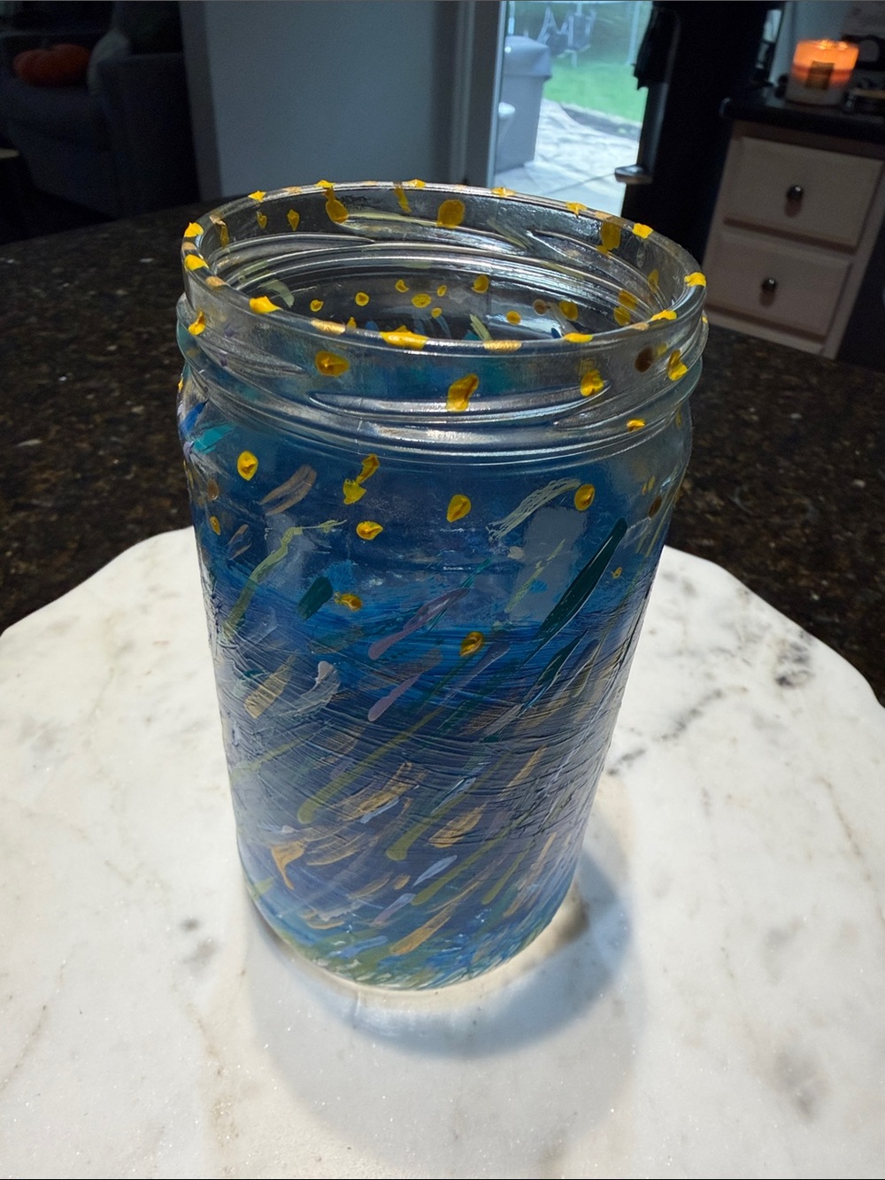 Hand-Painted Blue Glass Jar/ Vase